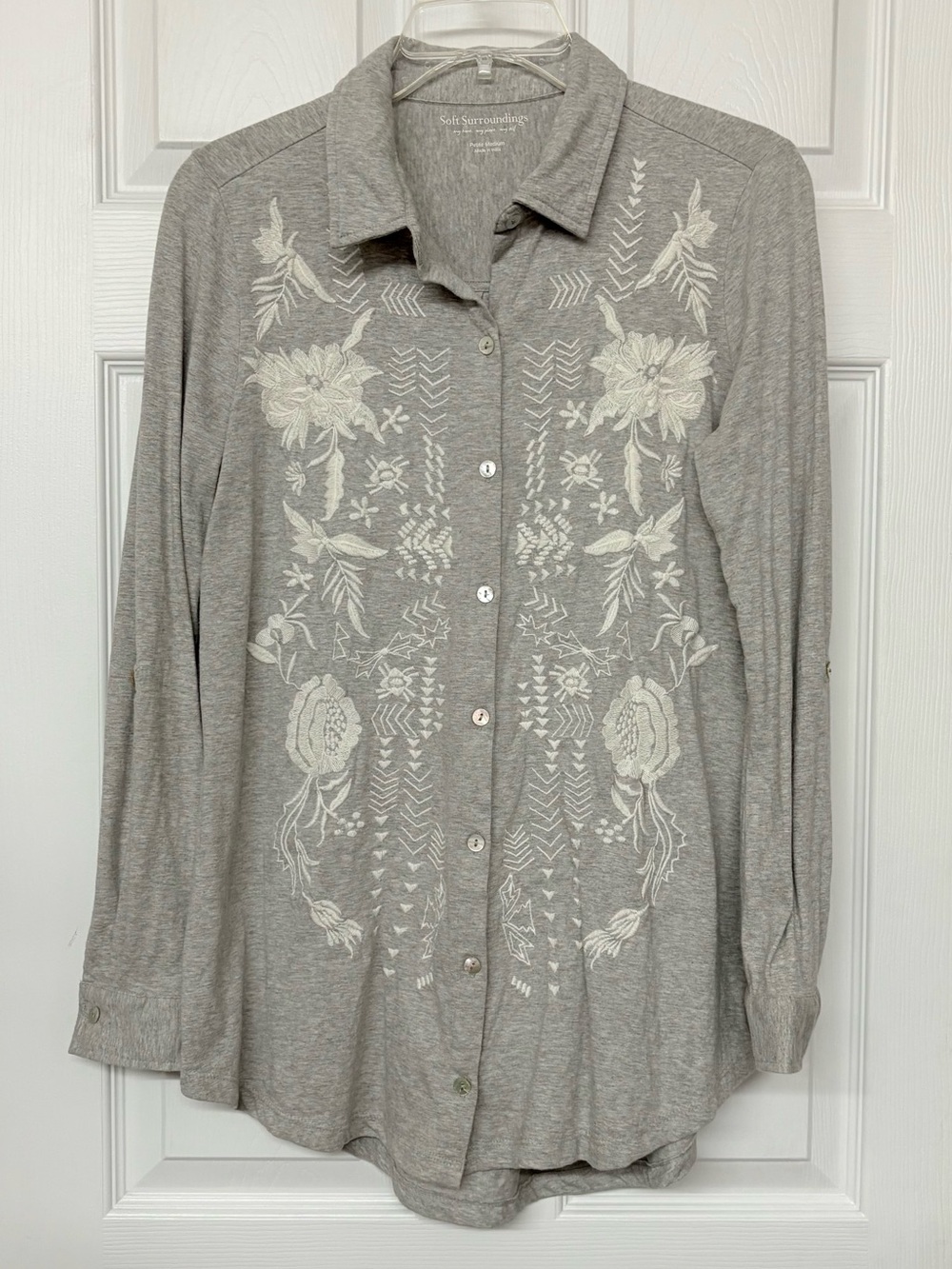 Soft Surroundings Gray Embroidered Button Front Cotton Top Sz PM